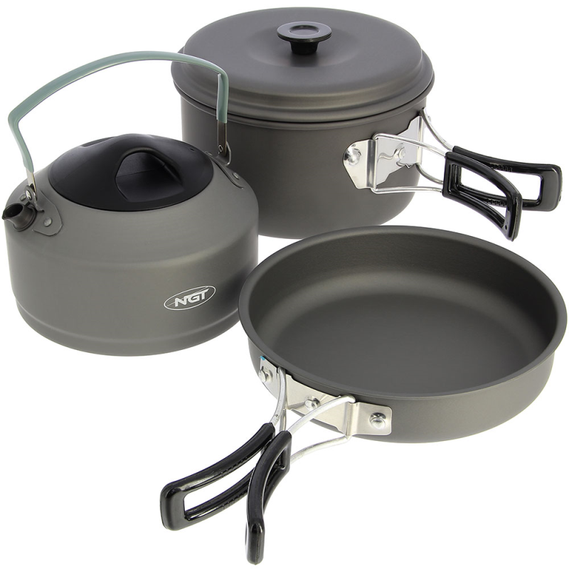 NGT 3 Piece Cookset. Aluminium Kettle, Pot and Pan Set